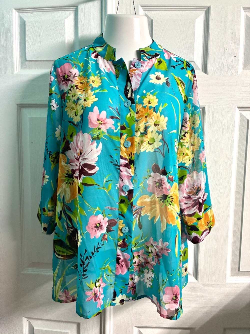 Women's Turquoise Tropical Floral Print Chiffon 3/4 Sleeve Button Down Blouse~2X